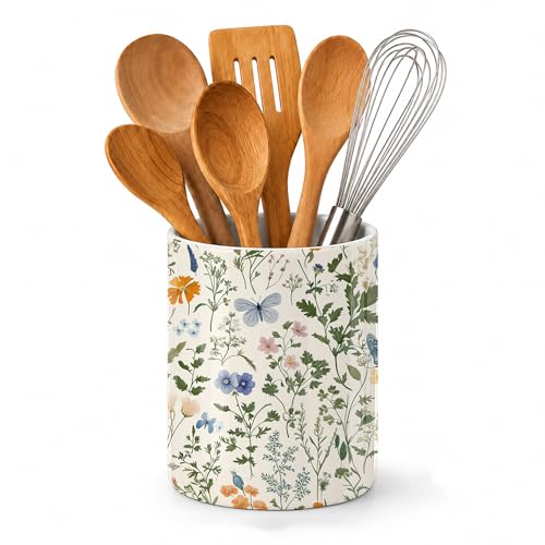Wildflowers Kitchen Utensil Holder,Vintage Botanical Garden Plants Herb Butterfly Large Ceramic Utensil Crock for Countertop,Cooking Utensil Organizer for Spatulas,Spoons - color: Wildflowers Botanical Plants Herb Butterfly