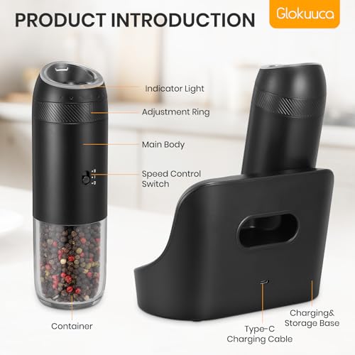 Rechargeable Gravity Electric Salt Grinder Set,Black | w/ Variable Grinding Speed, External Adjustable Coarseness, External Adjustable Coarseness, Charging Base and White LED Light - color: Black with Charging Base