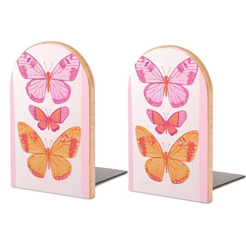 Three Pink and Orange Butterflies Wooden Bookends Shelves 2 PCS Girly Sturdy Book Holders Desktop Organizer for Home Office Libraries - color: Color-2