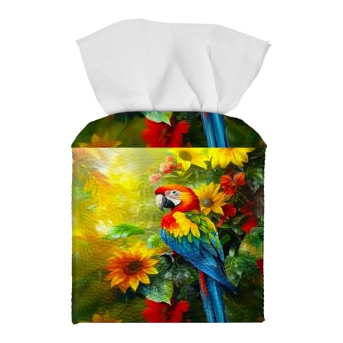 Tissue Box Cover Square, PU Leather Tissue Box Holder for Bathroom, Living Room & Office Desk, Scarlet Macaw Parrot in Sunflower Garden, Decorative Modern Tissue Box Cover - color: Scarlet Macaw Parrot in Sunflower Garden