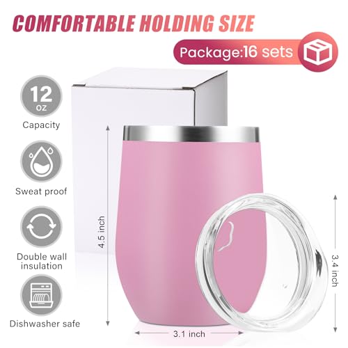 Remagr 16 Pack Stainless Steel Wine Tumblers 12 oz Insulated Vacuum Wine Cup Set Double Wall Stainless Steel Stemless Mug Glasses for Coffee Soda Whiskey Outdoor Travel (Pink) - color: Pink