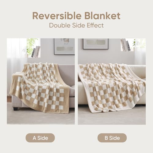 Snuggle Sac Checkered Bedding Blanket Twin Size 60x80, Super Soft, Cozy Warm Knit Blankets, Reversible Breathable Lightweight Fluffy Throws for Sofa, Bed, Checkered Beige, 60x80 Inches - color: Checkered Beige, size: Twin(60"x 80")