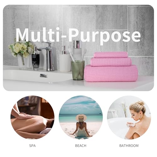 MICROFI Microfiber Waffle Bath Towels, 3 Pieces, Oversized, Soft, Absorbent, Fast Drying, Lint Free, Includes Bath, Face and Hand Towels 430 GSM - color: Pink