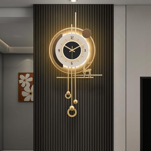 Modern Wall Clock for Living Room,Large Gold Decorative Wall Clock with Light,Creative Silent Clock Battery Operated for Kitchen/Entryway/Bedroom/Office/Dinning Room Metal Wall Decor - size: 15"Lx31"W