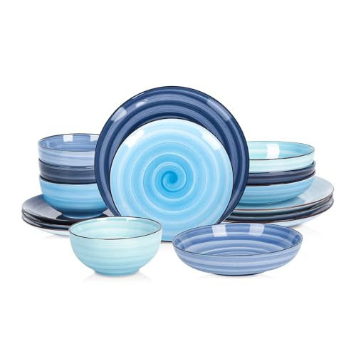 Selamica Ceramic 16-Pieces Dinnerware Set, Ceramic Dishes Set for 4, Kitchen Plates and Bowls Sets, Dinner Plates Set, Spray Black Dots, Gradient Blue - color: Gradient Blue, size: 16 Pieces