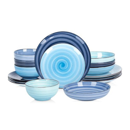 Selamica Ceramic 16-Pieces Dinnerware Set, Ceramic Dishes Set for 4, Kitchen Plates and Bowls Sets, Dinner Plates Set, Spray Black Dots, Gradient Blue - color: Gradient Blue, size: 16 Pieces