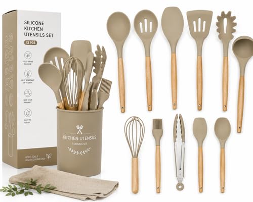 Caboh Silicone Kitchen Utensil Set 12 PCS – Heat Resistant Cooking Tools with Spatula, Serving Spoon, Tongs, Whisk & Holder, Nonstick Safe BPA-Free Kitchen Accessories Set (Khaki) - color: Khaki