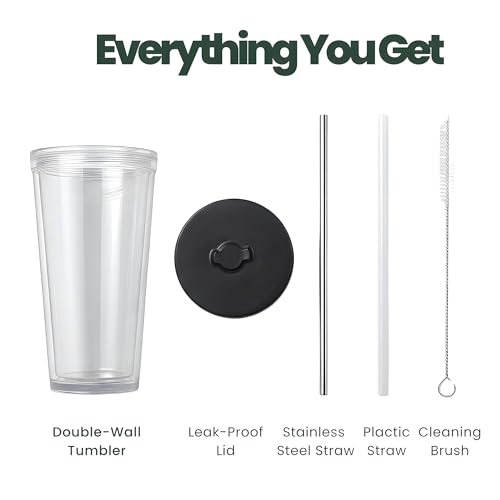 Reusable Iced Coffee Cup with Lid and Straw, 24 oz/Venti, BPA-Free Double-Wall Insulated Plastic Tumbler for Cold Drinks, Includes Clear Plastic Straw, Stainless Steel Straw and Cleaning Brush, Black - color: Black, size: 24 Ounces