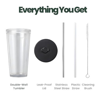 Reusable Iced Coffee Cup with Lid and Straw, 16 oz/Grande, BPA-Free Double-Wall Insulated Plastic Tumbler for Cold Drinks, Includes Clear Plastic Straw, Stainless Steel Straw and Cleaning Brush, Black - color: Black, size: 16 Ounces