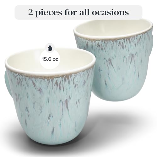 Large Stoneware Coffee Mugs Set of 2, 14.5 oz Coffee Cups with Handle | Award Winning, Lead-Free Reactive Glaze, Dishwasher & Microwave Safe, Stain Resistant for Cocoa, Latte & Tea, Beige & Blue - color: Light / Beige Blue, size: Mugs (2x)