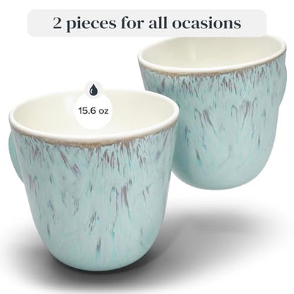 Large Stoneware Coffee Mugs Set of 2, 14.5 oz Coffee Cups with Handle | Award Winning, Lead-Free Reactive Glaze, Dishwasher & Microwave Safe, Stain Resistant for Cocoa, Latte & Tea, Beige & Blue - color: Light / Beige Blue, size: Mugs (2x)