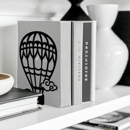 5.3"x4.3"x7.9" Metal Bookends, Heavy Duty Book Ends for Shelves | Hot Air Balloons Theme Cast Iron Book Supports, 1 Pair Decor Stoppers for Desk, Library, Office & Home Shelves - style: Hot Air Balloons