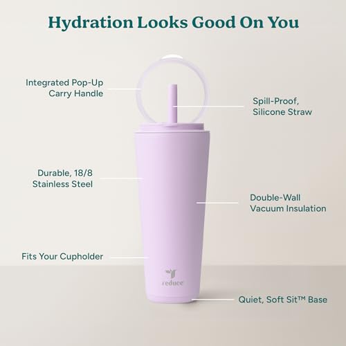 REDUCE Halo 32 oz Stainless Steel Vacuum Insulated Tumbler - Spill Proof Travel Mug with Flip Handle Lid - Keeps Drinks Cold for 32 Hrs - Dishwasher Safe - Cupholder Friendly - Lilac Bud - color: Lilac Bud, size: 32 Ounces