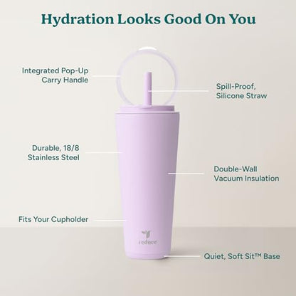 REDUCE Halo 32 oz Stainless Steel Vacuum Insulated Tumbler - Spill Proof Travel Mug with Flip Handle Lid - Keeps Drinks Cold for 32 Hrs - Dishwasher Safe - Cupholder Friendly - Lilac Bud - color: Lilac Bud, size: 32 Ounces