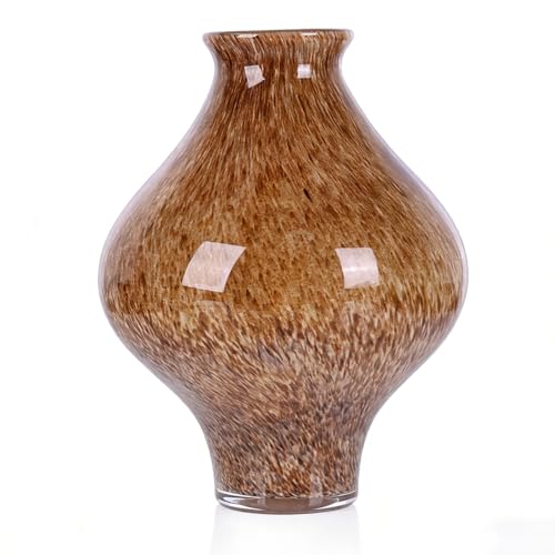 Brown Glass Vase 9.5" Amber Flower Vase, Modern Art Deco Vase with Speckled Swirl, Wide Mouth Decorative Vase for Flowers, Minimalist Table Centerpiece, Glass Vases Home Decor - color: Amber