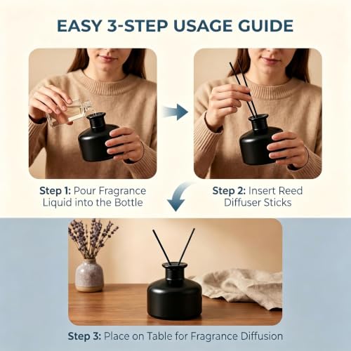 200ml Black Glass Reed Diffuser Bottle, Empty Refillable Aromatherapy Jar | Wide body for better fragrance dispersion Narrow neck fits most standard reed sticks - color: Black