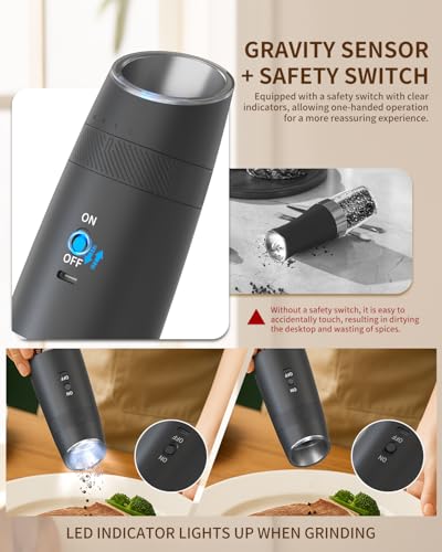 CIRCLE JOY Gravity Electric Salt and Pepper Grinder Set Rechargeable Automatic Pepper and Salt Shakers with LED Light, External Adjustable Coarseness, One-Hand Operation for Salt & Spices - color: Black Pro, size: KYMQ + Rechargeable