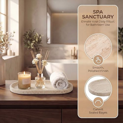 YKAJO Natural Travertine Beige Oval Marble Tray, 11.8x5.9 Vanity Organizer | Honed natural stone; jewelry & trinket dish, ring & key holder, soap & candle catchall; bath counter, dresser, coffee table - color: Natural Travertine Beige, size: 11.8" x 5.9"