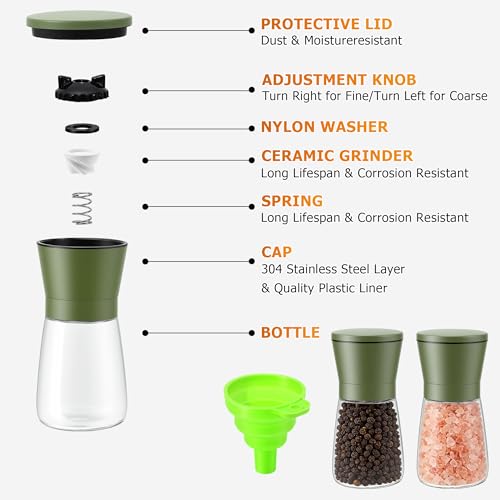 R DRURLCD Sage Green Stainless Steel Sea Salt and Pepper Grinder Set of 2 - Adjustable Ceramic Glass Salt and Pepper Shakers - Kitchen Pepper Mill & Salt Mill W/Funnel - color: Green, size: 2PK