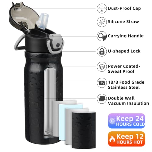 BJPKPK 18 oz Water Bottle with Straw & Handle, Insulated Stainless Flask | Leak Proof Locking Lid, Thermal, Double Wall Vacuum, Metal, Keeps Hot/Cold, BPA Free, Travel & Sports, Black Leopard - color: A-Black Leopard, size: 18 Ounces