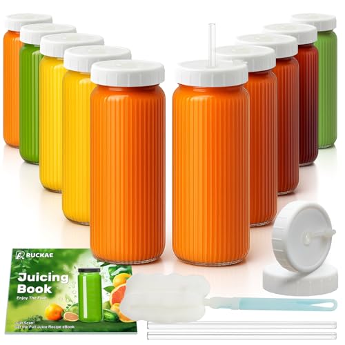 Ruckae 16oz Juice Bottles,Ribbed Glass Juicing Bottles with Lids,Smoothie Cup Lids and Straws,Water Bottle Mason Jar Drinking Glasses for Juicing,Smoothies,Kombucha (Clear-10 pack) - color: Transparent with Stripe, size: 16oz-10pack