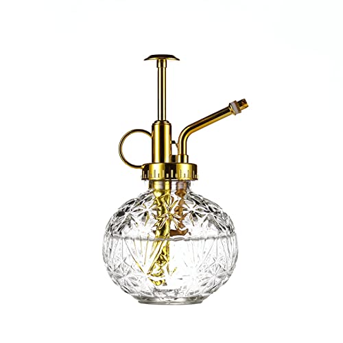 Glass Plant Mister Spray Bottle, 6.5" Clear Glass Water Spray Bottle with Gold Top Pump Small Watering Can, Small Plant Sprayer Mister for Indoor Outdoor House(Clear+Gold E) - style: Clear+Gold E