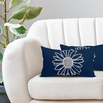 Navy Blue Daisy Flowers Lumbar Pillow Covers Spring Summer Floral Bloom Decorative Pillow Cases Seasonal Modern Throw Pillows 12X20 Inch Set of 2 Farmhouse Home Decor for Sofa Couch