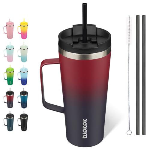 BJPKPK 22oz Insulated Tumbler with Handle, Lid & Straw, Stainless Steel | Double Wall Vacuum Insulated Coffee Travel Mug - Keeps Cold & Hot, BPA Free, Cupholder Fit for Office, Gym & Travel - color: Charming Red, size: 22 Ounces