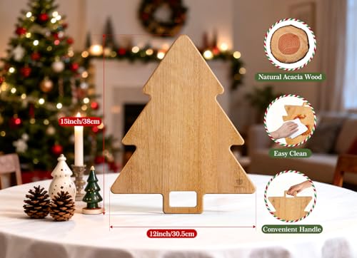 Acacia Wood Christmas Tree Cutting Board 15x12 Inch Charcuterie Board with Handle, Xmas Cheese Appetizer Tray, Wooden Decorative Serving Platter for Holiday Kitchen Party