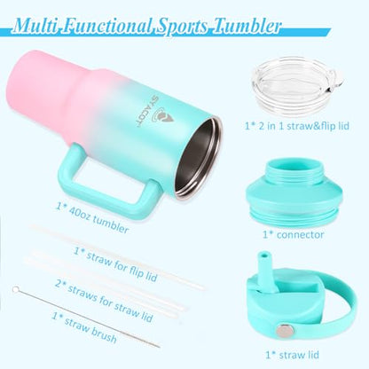 40 oz Tumbler with Handle and Straw or Convert to 40 oz Insulated Water Bottle Fits in Cup Holder. Stainless Steel Metal Water Flask with 2 Lids for Travel,Camping,Gym Sports Coffee Mug Thermal Cup - color: Mint Pink Gradient