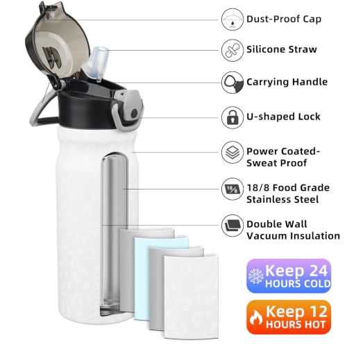 BJPKPK 18 oz Water Bottle with Straw & Handle, Insulated Stainless Flask | Leak Proof Locking Lid, Thermal, Double Wall Vacuum, Metal, Keeps Hot/Cold, BPA Free, Travel & Sports, Cream Leopard - color: Cream Leopard, size: 18 Ounces