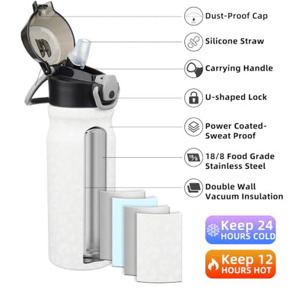 BJPKPK 18 oz Water Bottle with Straw & Handle, Insulated Stainless Flask | Leak Proof Locking Lid, Thermal, Double Wall Vacuum, Metal, Keeps Hot/Cold, BPA Free, Travel & Sports, Cream Leopard - color: Cream Leopard, size: 18 Ounces
