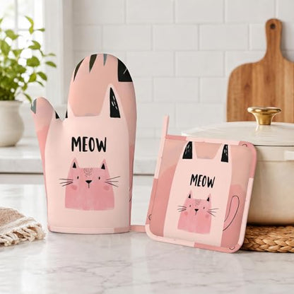 Cute Pink Cat Oven Mitts and Pot Holders Sets Smile Face Silicone Heat Resistant Kitchen Oven Gloves Pot Holder for Cooking Baking Grilling BBQ - color: Cute Pink Cat