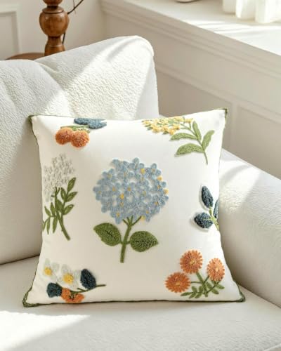 Blue Floral Embroidered Throw Pillow Covers Colorful 18x18 Inch | Boho Pillowcase Decorative For Sofa Couch Living Room Bedroom - color: Floral-blue