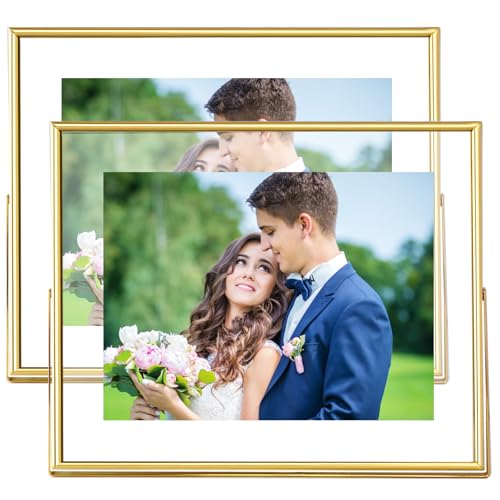 8x10 Picture Frame set of 2, for 5x7 6x8 with Floating Effect, for 8 x 10 without Floating, Double Real Glass Photo Frames Only for Tabletop, Home or Wedding Decoration Gift (Horizontal Gold) - color: Gold (Horizontal), size: 8x10 for 6x8 5x7 (2 Pcs)