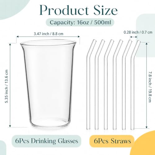 6 Piece Drinking Glasses 16 Oz Clear Drinking Glass with Straws Highball Glasses with Glass Straws Kitchen Glassware for Juice Coffee Cocktail Home Restaurant Party Tea, Water, Gift