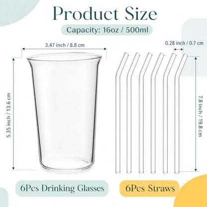 6 Piece Drinking Glasses 16 Oz Clear Drinking Glass with Straws Highball Glasses with Glass Straws Kitchen Glassware for Juice Coffee Cocktail Home Restaurant Party Tea, Water, Gift