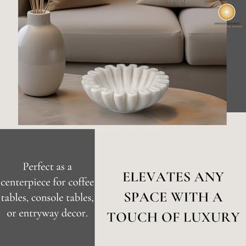 SWADESHI BLESSINGS Handcrafted Marble Ruffle Bowl for Home Decor, 6" | 100% Real White Marble, Catch-all Scalloped Fluted Decorative Bowl for Ring Dish, Fruit Bowl, Coffee&Dining Table, Gift-Ready - size: 6 Inches