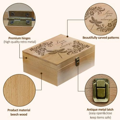 arricraft Dragonfly Theme Wooden Memory Keepsake Box, Love You Always Metal Knot Box with Hinged Lid and Lock Decorative Storage Box Stash Box for Photo Letter Souvenir Jewelry 7.6x9.6x4inch