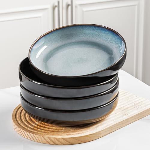 LERATIO 8.5" Ceramic Pasta Bowls Set of 4,38oz Large Stoneware Bowls Set | Reactive Glaze Serving Bowls Set,Wide Bowl for Pasta,Salad,Fruit & Noodles,Housewarming & Wedding Gift-Light Green - color: Blue White, size: Set of 4