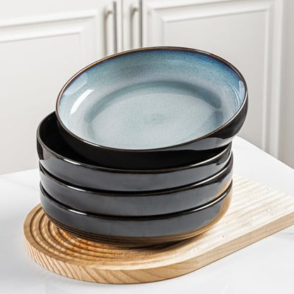 LERATIO 8.5" Ceramic Pasta Bowls Set of 4,38oz Large Stoneware Bowls Set | Reactive Glaze Serving Bowls Set,Wide Bowl for Pasta,Salad,Fruit & Noodles,Housewarming & Wedding Gift-Light Green - color: Blue White, size: Set of 4