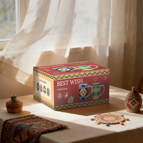Bohemian Ceramic Coffee Mugs Set of 4, 15oz/450ml Geometric Pattern Tea Cups, Large Porcelain Mugs for Latte Cappuccino, Colorful Boho Drinkware Gift Set