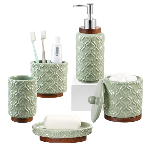 RQYIXI Ceramic 5-Piece Bathroom Accessories Set,Green,with Cotton Swab Jar | ceramic and wood embossed design modern countertop organization - color: Green, size: Embossed Textured-5-Piece