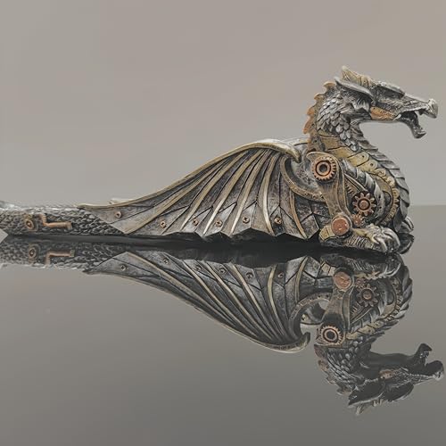 13'' L Mechanical Dragon Incense Holder Burner Stick Sculpture | resin steampunk mystical gothic decor for man cave long ash catcher tabletop aromatherapy ornaments industrial gears gifts