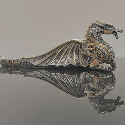 13'' L Mechanical Dragon Incense Holder Burner Stick Sculpture | resin steampunk mystical gothic decor for man cave long ash catcher tabletop aromatherapy ornaments industrial gears gifts