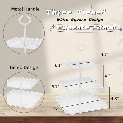 2 Pack of White Square Dessert Cupcake Stand, 3 Tiered Plastic Serving Tray | 3 Tier Cup Cake Holder Tower for Tea Party/Birthday/Wedding - color: White