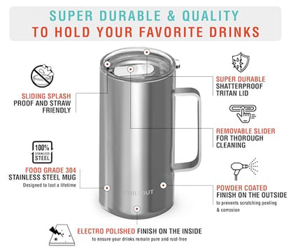 CHILLOUT LIFE Stainless Steel Vacuum Insulated Coffee Mug 20 oz (Set of 2) with Handle and Lid, Large Thermal Camping Coffee Mugs with Sliding Lid for Men & Women, Keeps Your Beverages Hot & Cold - color: Stainless Steel, size: 20 Ounces - 2 Pack