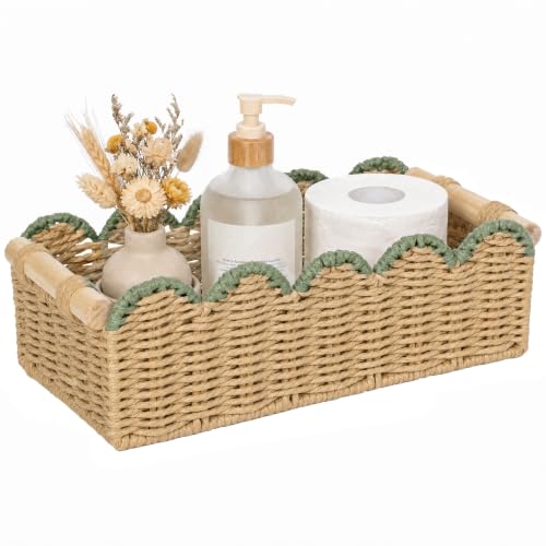 Toilet Paper Storage Basket, Handwoven Paper Rope Scalloped Shelf Basket | Gasvadivum Wicker Basket Organizer with 2 Wooden Handles, Square Storage Bin for Bathroom, Countertop,Neutral with Green Edge - color: Neutral with Green Scallop