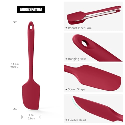 Doosu 7+9+12in Kitchen Tongs for Cooking - 600°F Heat Resistant Food Tongs with Non-Scratch Silicone Tips & 600°F Heat Resistant Silicone Large Spatula Scraper BPA Free Seamless Baking Supplies (Red)