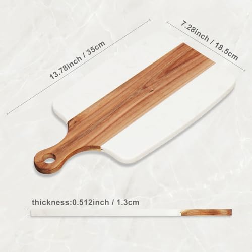 Cutting Board for Kitchen – 13.8" x 7.3" Wooden Serving Board with Handle for Steak Bread Cheese & Fruits – Marble and Acacia Butcher Block Chopping Board, Easy to Clean - color: White